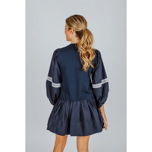 Tanya Taylor Kirstie Mini Dress Puff Sleeve Drop Waist Boho Chic Preppy Blue XS - Picture 3 of 11